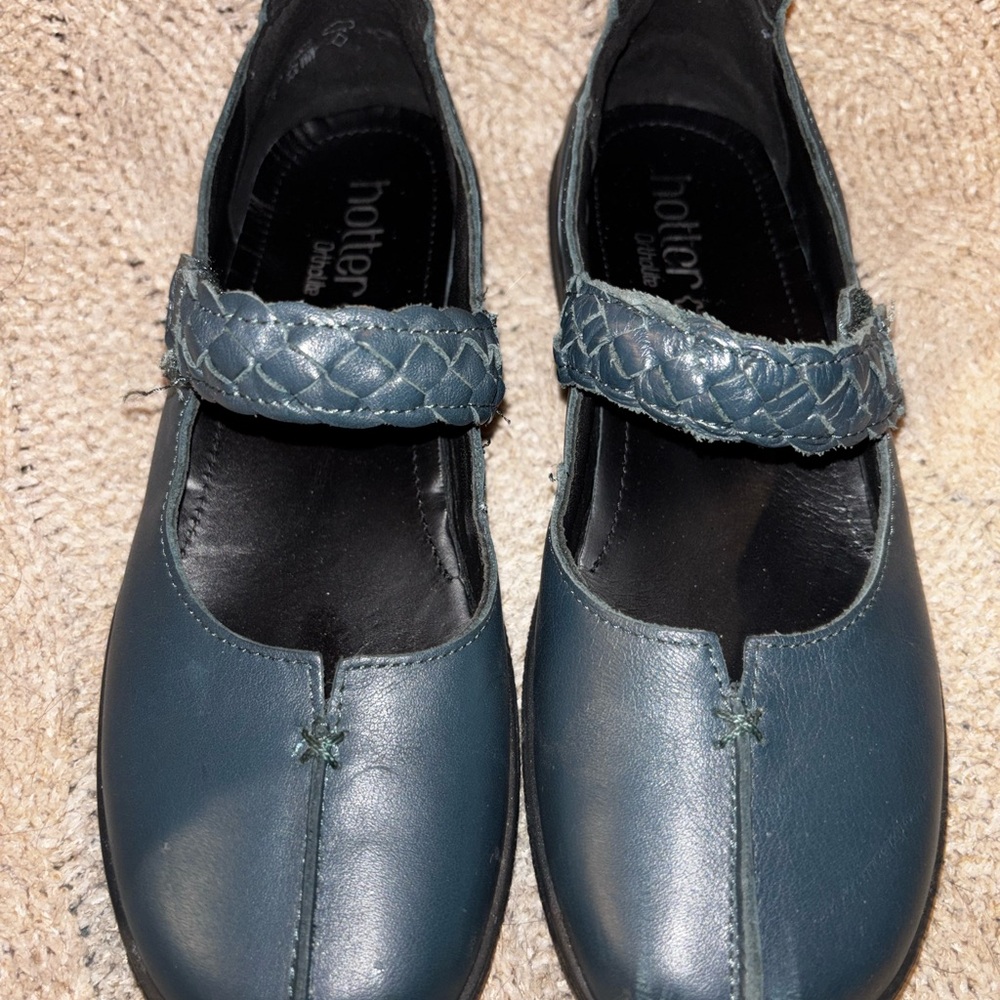 Hotter Ortholite Shake Teal Blue Braided-Strap Leather Mary Jane Flats Size 6.5